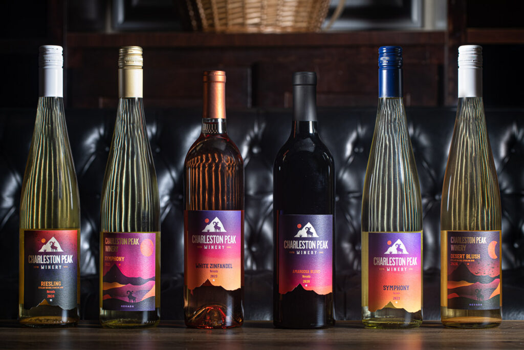 A photo of all the Charleston Peak Winery lineup of wines.